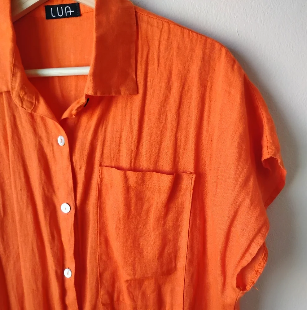 LUA Made in Italy Vibrant Orange 100% Linen Button Down Dress - Picture 4 of 15
